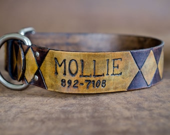 Leather Dog Collar with Harlequin Diamond Pattern