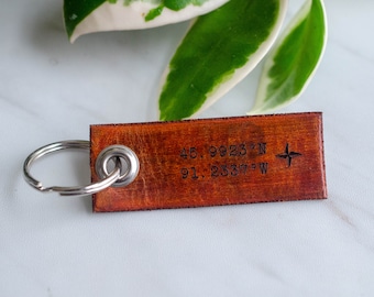 Leather Tag Keychain  - latitude longitude Personalized Leather Key Chain Accessory, Anniversary Gift,Custom Keychain, Wedding Gift,