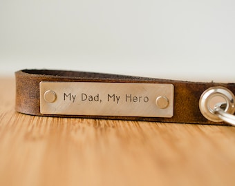 My Dad My Hero Skinny Leather Key Chain-  Personalized Leather Key Chain Accessory, Anniversary Gift, Custom Keychain, Wedding Gift,