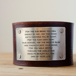 Apache Blessing May the sun bring you new energy by day Custom Text on Wide Distressed Leather Cuff image 2