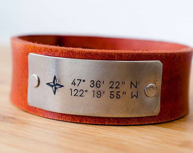 Custom Date Cuff with Compass and Latitude and Longitude of Your Special Place