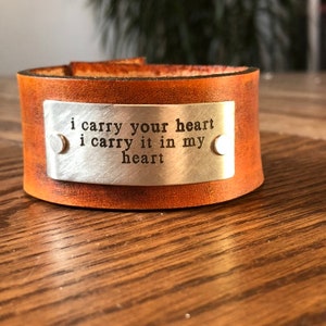 i carry your heart ee cummings Adjustable Leather Snap Cuff with Engraved Metal Plate image 4