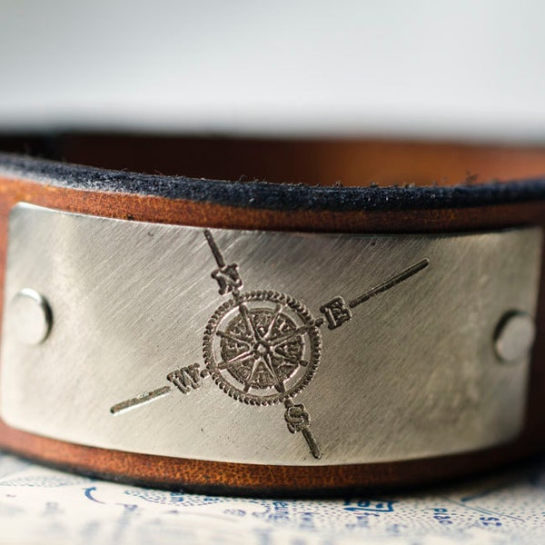 Compass Rose Leather Snap Cuff with Engraved Metal Plate