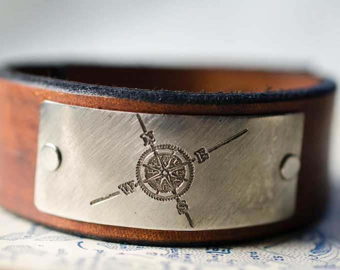 Compass Rose Leather Snap Cuff with Engraved Metal Plate