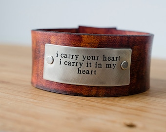 i carry your heart - ee cummings Adjustable Leather Snap Cuff with Engraved Metal Plate