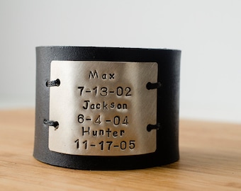 Hand Stamped Child's Name  and Birthdate Custom Text on Wide Black Distressed Leather Cuff