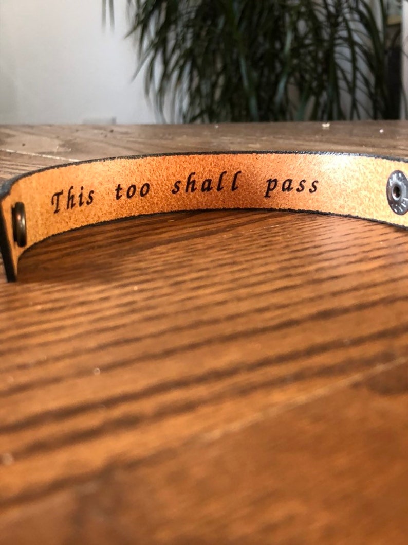 This Too Shall Pass 3/4 inch wide Minimal Black Leather Cuff with Custom Secret Message Hidden Inside image 8