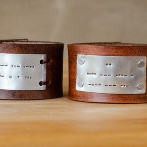 Soul Mates Distressed Secret Message Leather Cuff pair Morse Code image 1