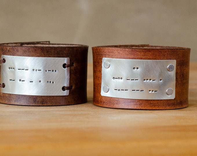 Soul Mates Distressed Secret Message Leather Cuff pair - Morse Code