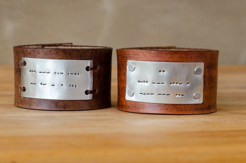 Soul Mates Distressed Secret Message Leather Cuff pair Morse Code image 1