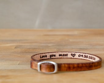 Love you most-special date- secret message Leather Bracelet