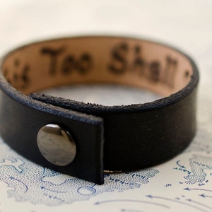 This Too Shall Pass 3/4 inch wide Minimal Black Leather Cuff with Custom Secret Message Hidden Inside image 4