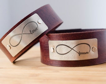 Infinity Love Forever Custom Leather Cuff Set of Two - His and Hers Love Always