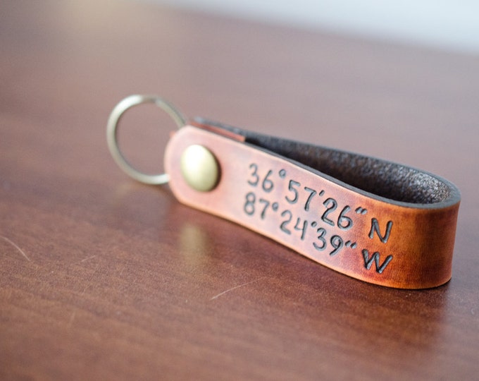 Latitude and Longitude Custom Personalized Leather Key Chain Accessory, Anniversary Gift, Custom Keychain, Wedding Gift,