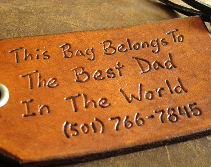 Travel Leather Luggage Tag, Custom Leather Tag, Personalized Luggage Tag, Best Dad in the World -  Hand Carved Leather Luggage Tag