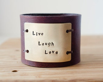 Hand Stamped Child's Name Custom Text on Wide Distressed Leather Cuff