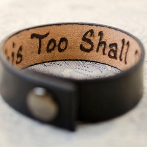 This Too Shall Pass 3/4 inch wide Minimal Black Leather Cuff with Custom Secret Message Hidden Inside image 1