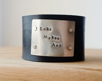 Hand Stamped Child's Name Custom Text on Wide Distressed Leather Cuff