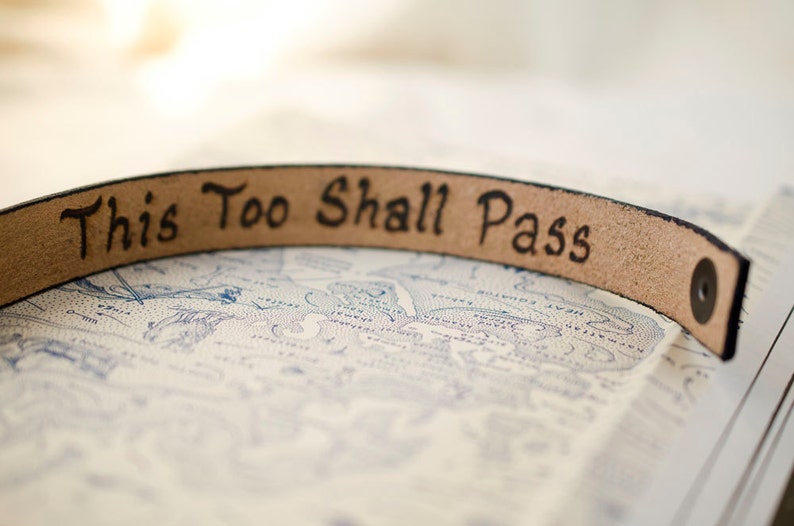 This Too Shall Pass 3/4 inch wide Minimal Black Leather Cuff with Custom Secret Message Hidden Inside image 2