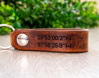 Latitude and Longitude Belt Loop Leather Key Chain