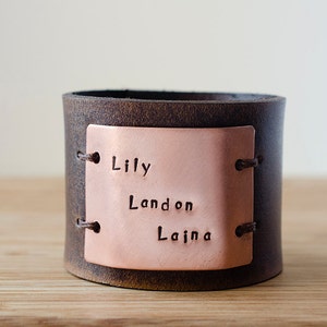 Hand Stamped Child's Name Custom Text on Wide Distressed Leather Cuff