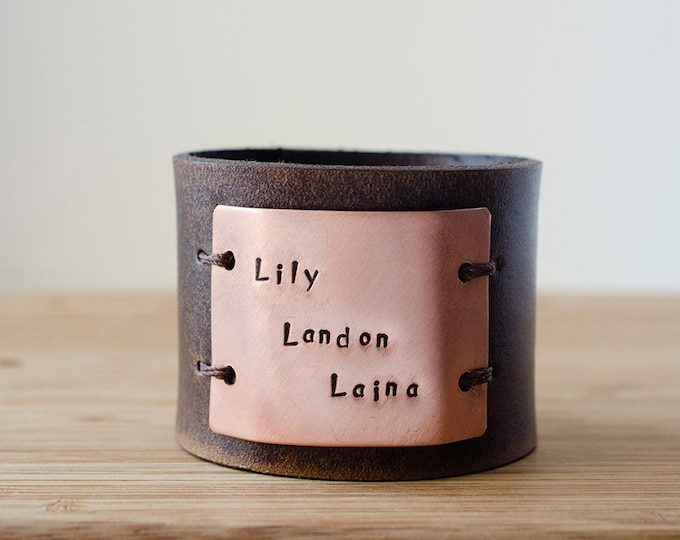 Featured listing image: Hand Stamped Child's Name Custom Text on Wide Distressed Leather Cuff