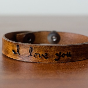 Handwritten I Love You Leather Cuff with Adjustable Snap Closure Custom Leather Bracelet image 1