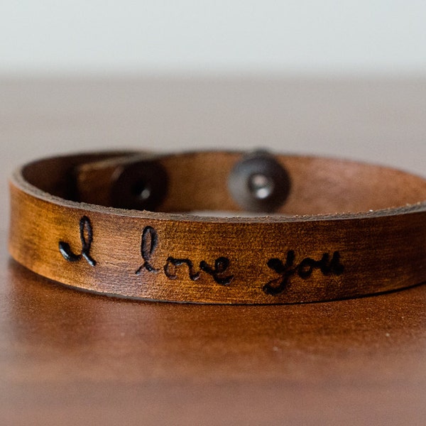 Handwritten I Love You Leather Cuff with Adjustable Snap Closure - Custom Leather Bracelet