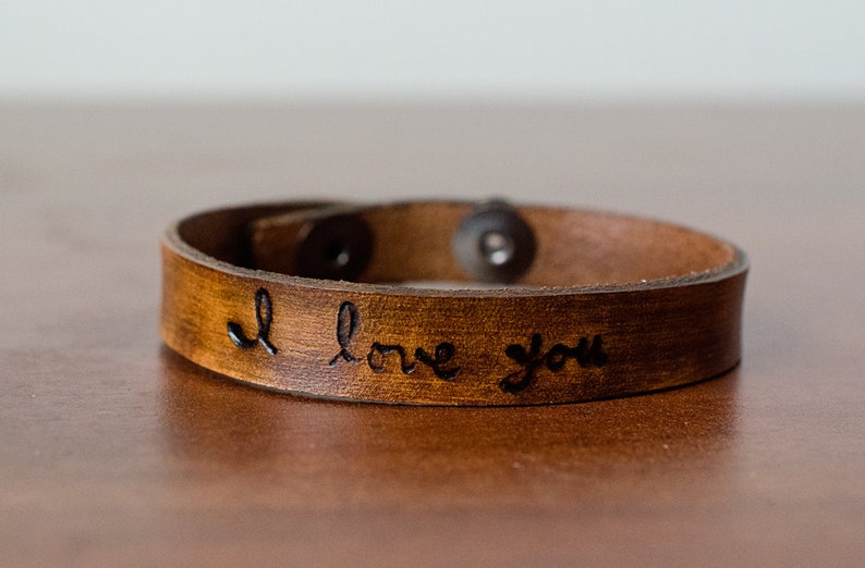 Handwritten I Love You Leather Cuff with Adjustable Snap Closure Custom Leather Bracelet image 1