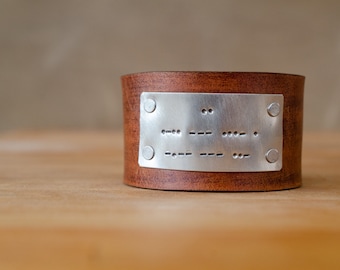 I love you in morse code Distressed leather cuff