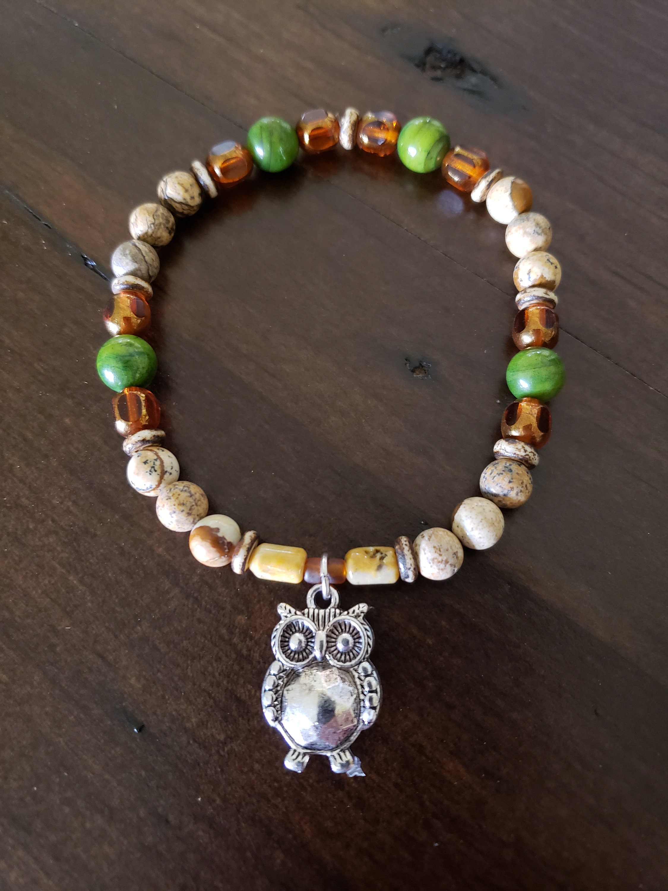 Owl Charm Bracelet, Two Sided Owl, Jasper, Green Shell, & Agate Stones