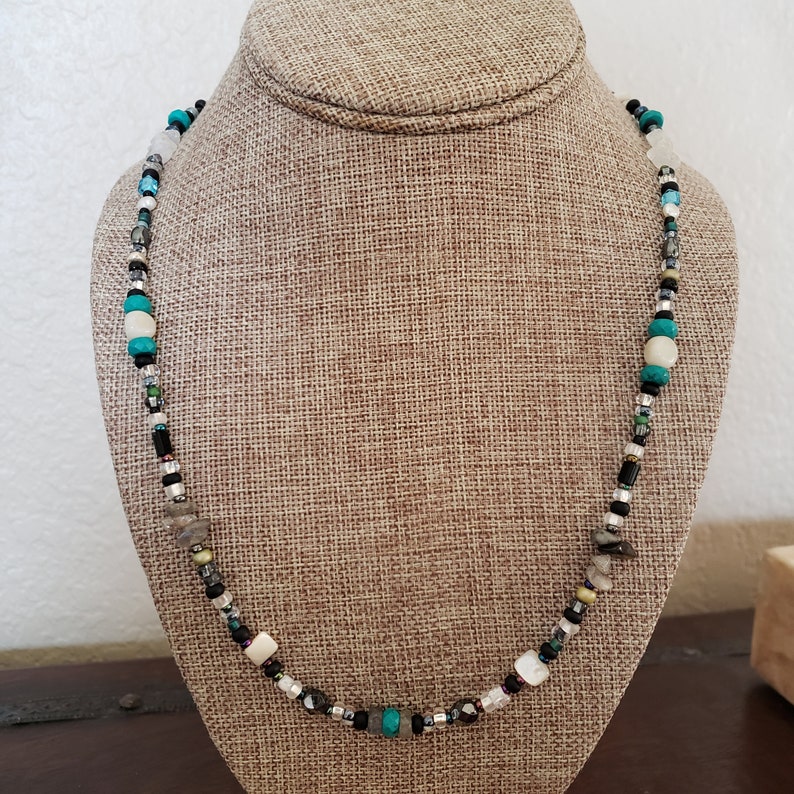 Turquoise Glass beads Stone Necklace Stone Necklace or Mask Holder Labradorite Chips SALE Versatile Design with Two Lobsters