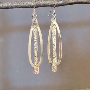 Tear Drop Earrings, Sterling Tear Drop Frames, Hammered Bar Earrings, Contrasting Textured Earrings, Unique Interlocking Sterling Design
