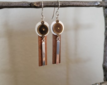 Geometric Earrings, Circle Rectangle Earrings, 3 Semi Precious Metal earrings, Sterling, Copper Brass Earrings, Contemporary Design