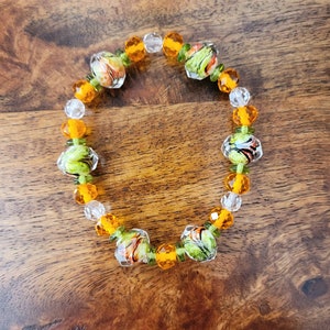 Art Glass Bracelet, Large Faceted Orange, Green Glass Crystals, Orange, Clear Crystals, Lime Green Spacers, Chunky Colorful Bracelet
