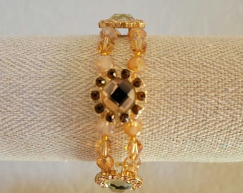Double Strand Bracelet, Two strand Crystal Bracelet, Gold Faceted Crystals, Bright, Matt Faceted Coppery Crystals, Gold Seed beads, Sparkly