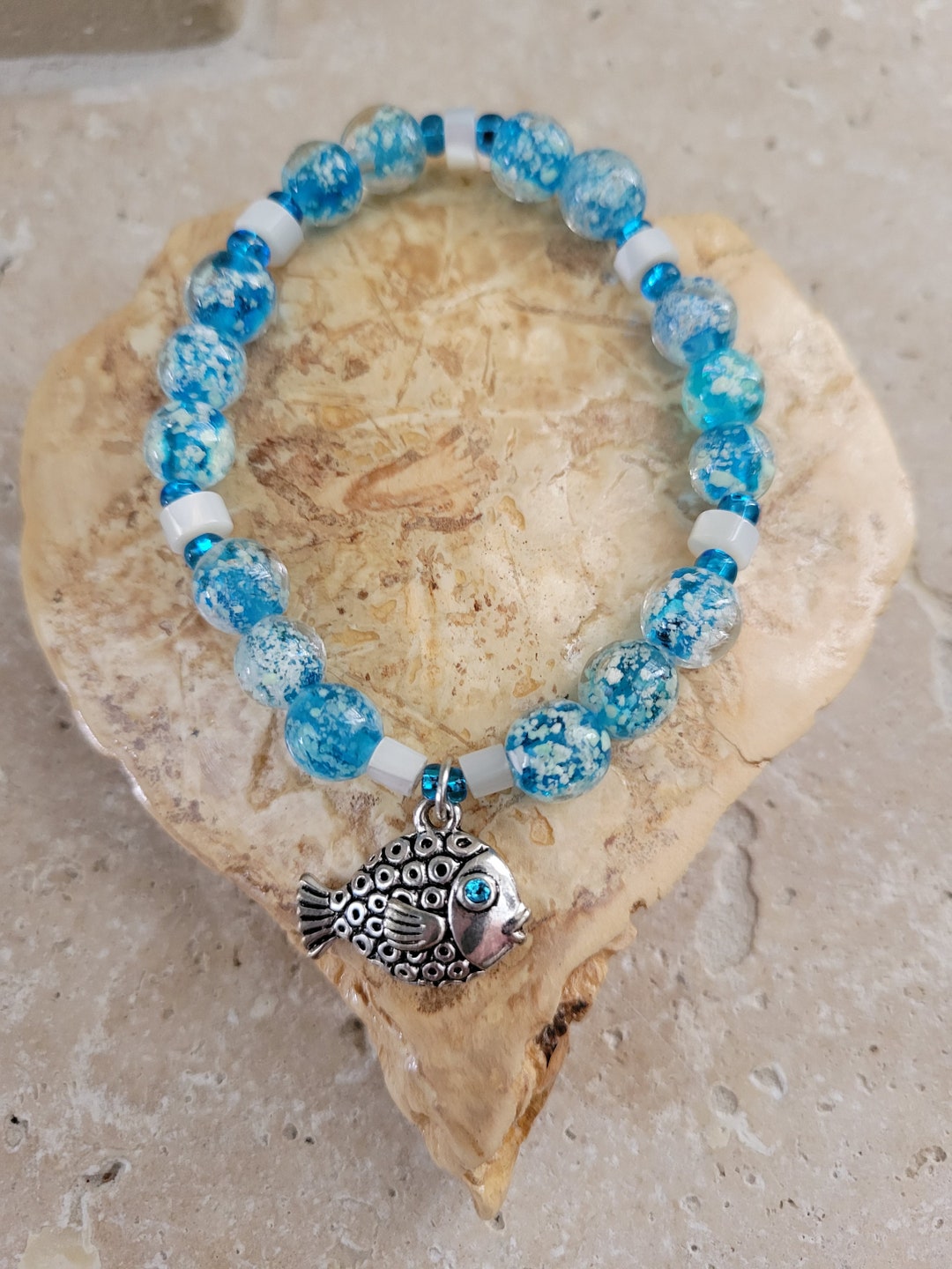 Charm Bracelet, Whimsical Fish Charm Bracelet, Crackled Teal Glass