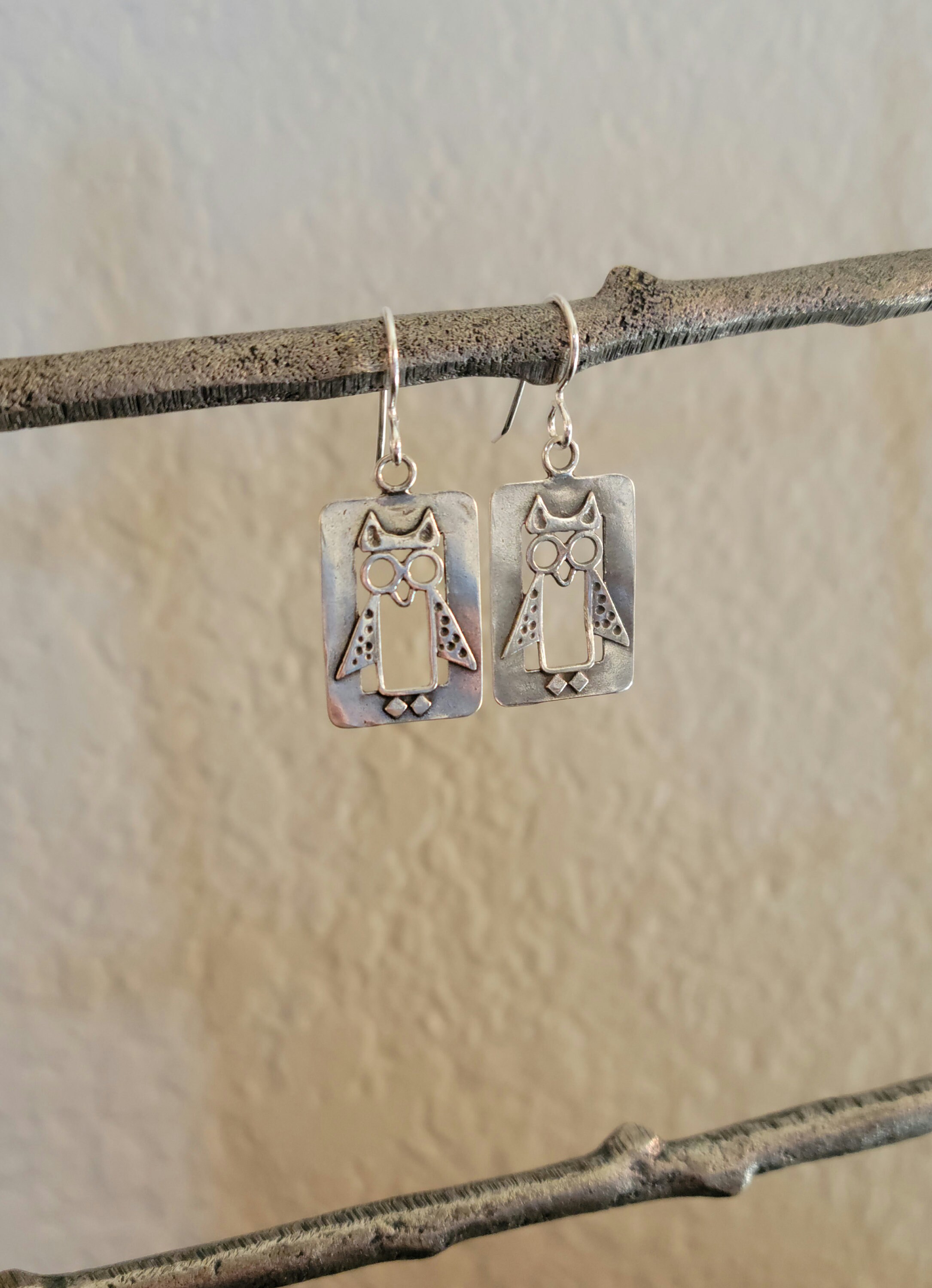 SALE, Owl Earrings, Sterling Owls, Rectangle Frame with cut out Owl, Beaded Owl Eyes, Crystals in Bo