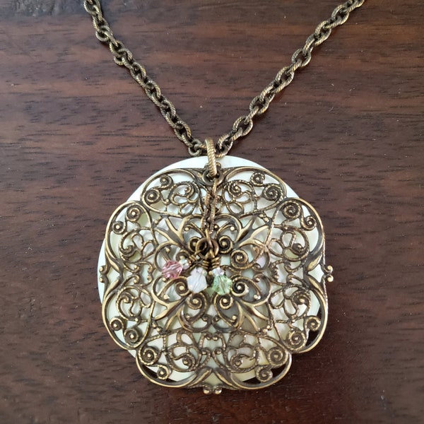 Large Filigree Pendant, Mother of Pearl Pendant, Large Layered pendant, Swarovski crystals, Vintage Look, Polished Vintaj Aged Brass