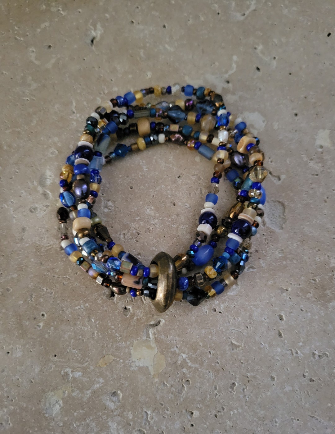 Five Strand Bracelet, Multi Strand Bracelet, Bronze Metal Focal, Blue