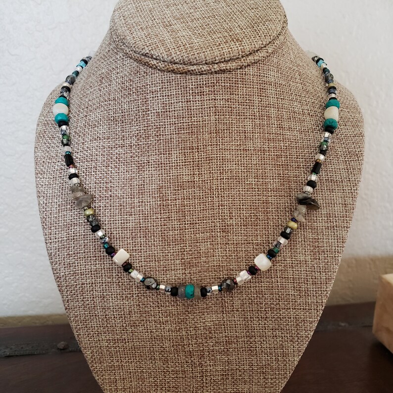 Turquoise Glass beads Stone Necklace Stone Necklace or Mask Holder Labradorite Chips SALE Versatile Design with Two Lobsters