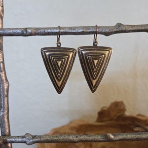 Aged Brass Earrings, Large Triangular Shield, Domed Decorative Triangle Design
