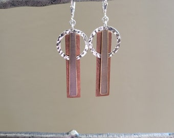 Modern Geometric Earrings, Three Semi Precious Metals, Artisan Copper, Aged Brass and Sterling, Sterling Lever backs, Layered Earrings