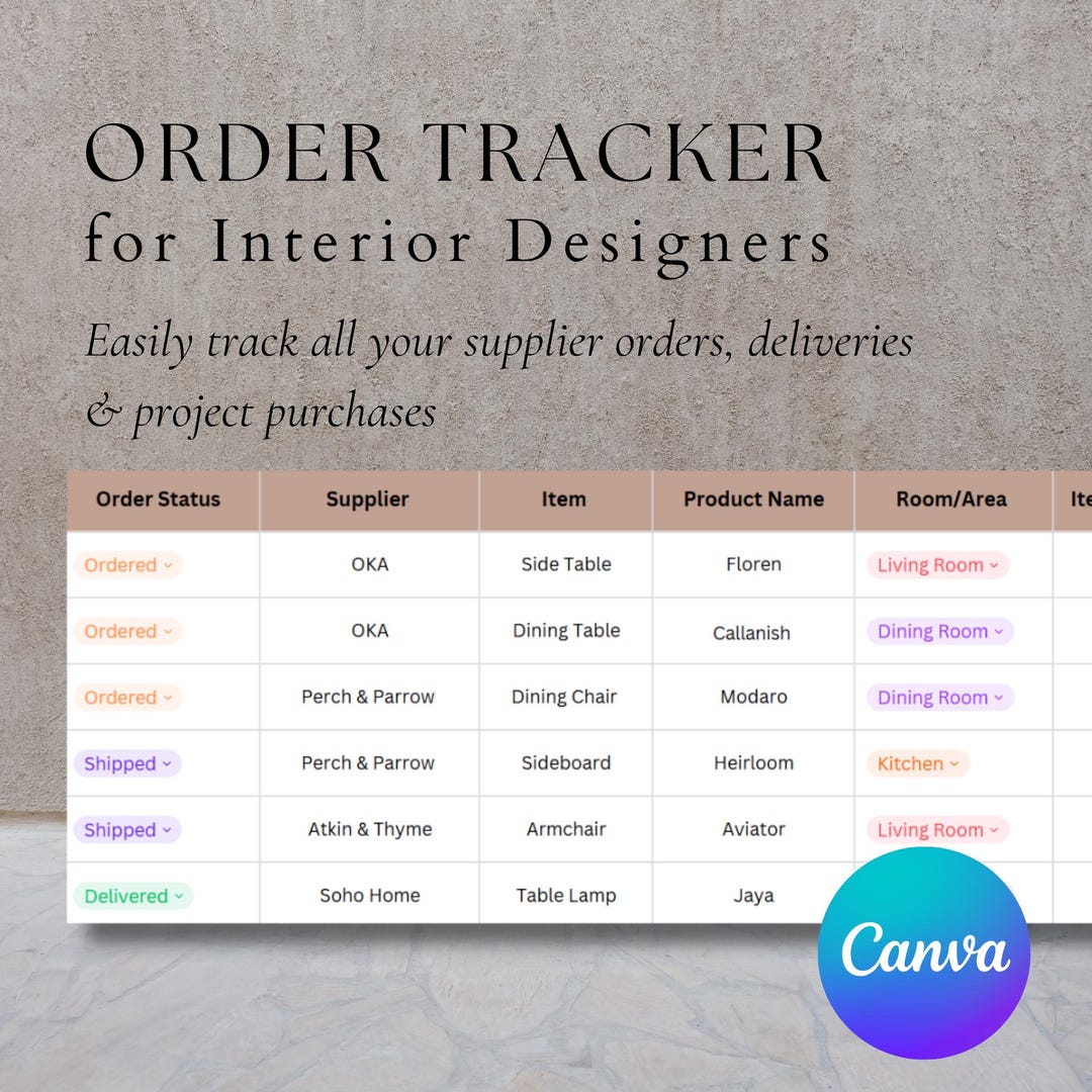 Interior Design Order Tracker | Supplier Spreadsheet (canva) - Etsy