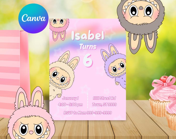 Plantilla de invitación para fiesta de cumpleaños de Labubu, linda ...