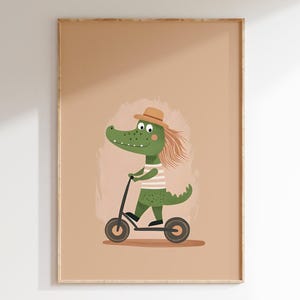 Cute Hipster Alligator Crocodile on Scooter | Eclectic Nursery Wall Print | Colorful Kid&#39;s Room Wall | Fun Animal | Art Printable