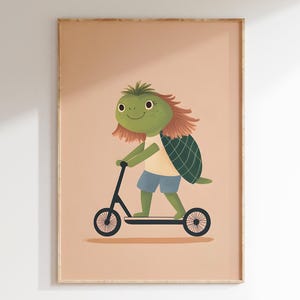 Cute and Quirky Hipster Green Turtle on Scooter | Eclectic Nursery Wall Print | Kid's Room Wall | Fun Animal | Art Printable Tortoise