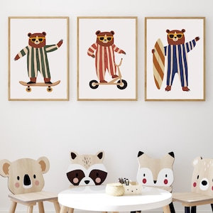Retro Skater Scooter Surfer Bear Set | Boys Room Wall Art | Nursery Digital Prints | Skateboard Scooter Surf Animal Decor for Kids