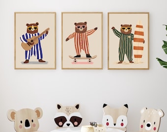 Retro Bear Nursery Prints | Skater, Guitar, Surfer (Digital Download)