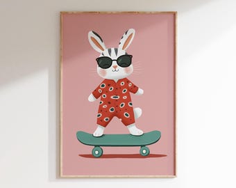 Impression d'art lapin skateboard - décoration de chambre d'enfants ludique (téléchargement numérique)